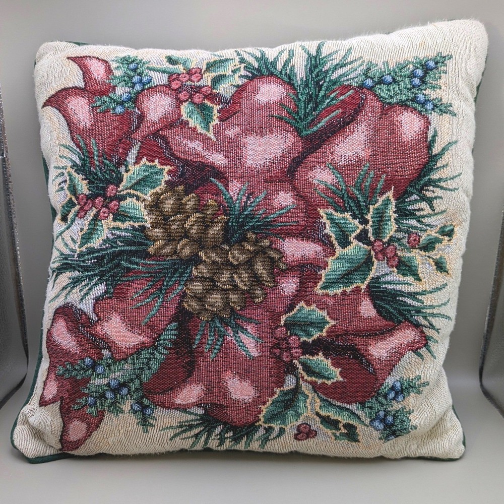 Vintage Christmas Tapestry Throw Pillow Pinecones Red Ribbon Gold Sparkles 16x16